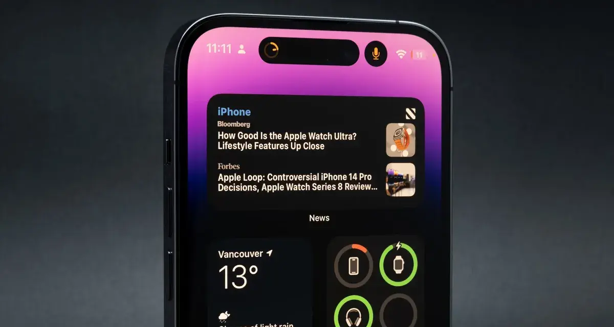 Nowy iPhone z dynamic island, wyświetlający wiadomości i pogodę.