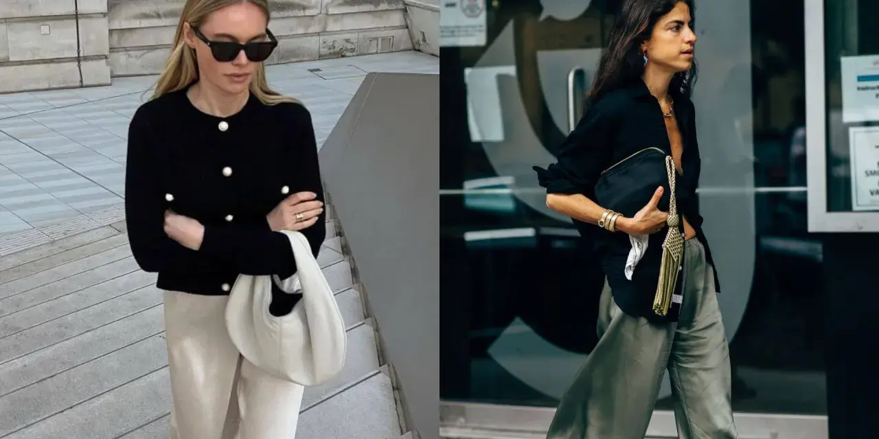 Dos mujeres lucen ropa de ricos: una con cárdigan negro y pantalón beige, la otra con camisa negra y pantalón verde.