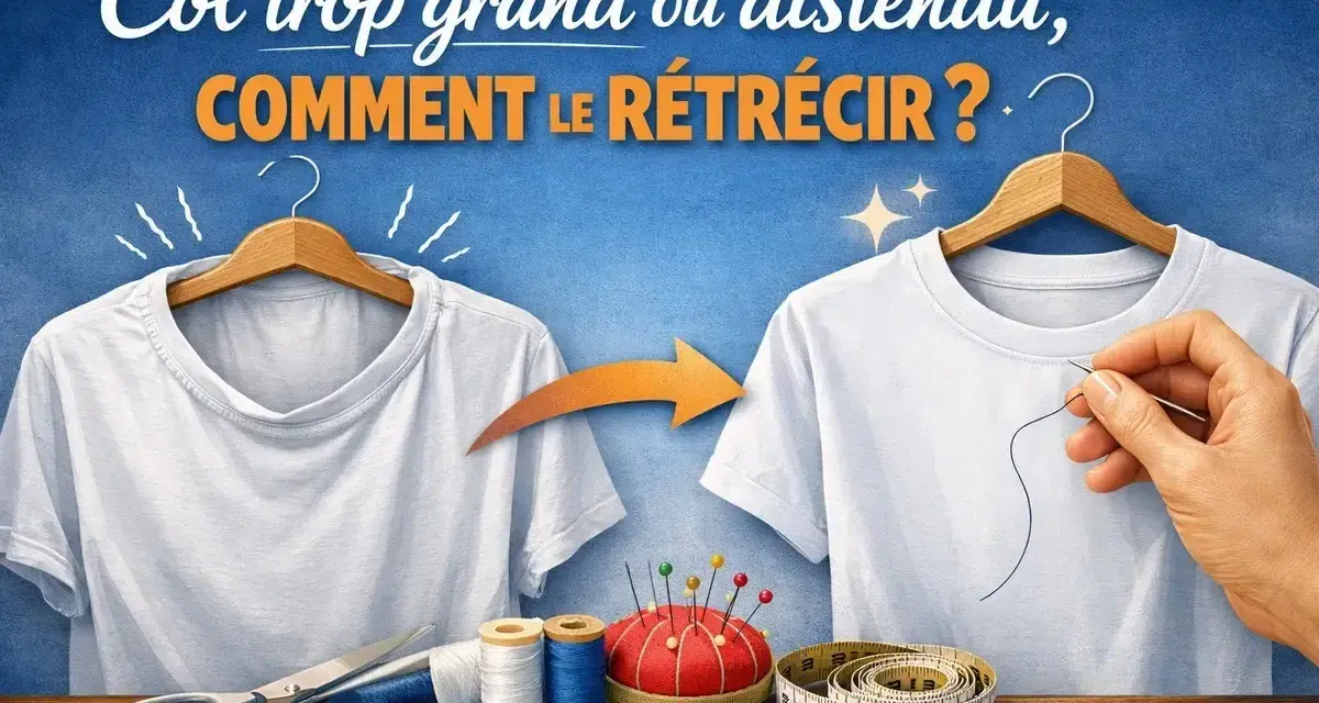 Avant/après : un col de t-shirt trop grand est retravaillé. Apprenez comment coudre un col rond parfait avec cette illustration de couture.