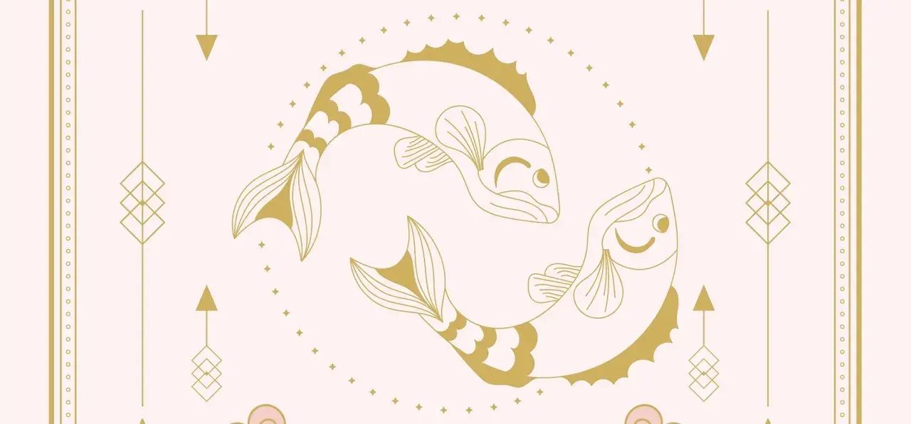 Dwa złote ryby, symbol znaku zodiaku Ryby, pływają w otoczeniu gwiazdek i geometrycznych ozdób.