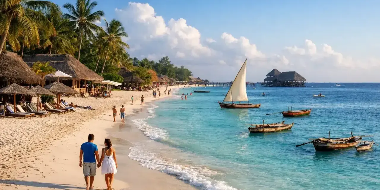 Para na plaży, palmy, łodzie i turkusowa woda. Idealne miejsce na wycieczkę Zanzibar.