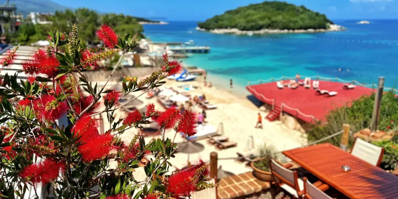 Albania camping nad morzem: czerwone kwiaty na tarasie z widokiem na piaszczystą plażę, turkusowe morze i zieloną wyspę.