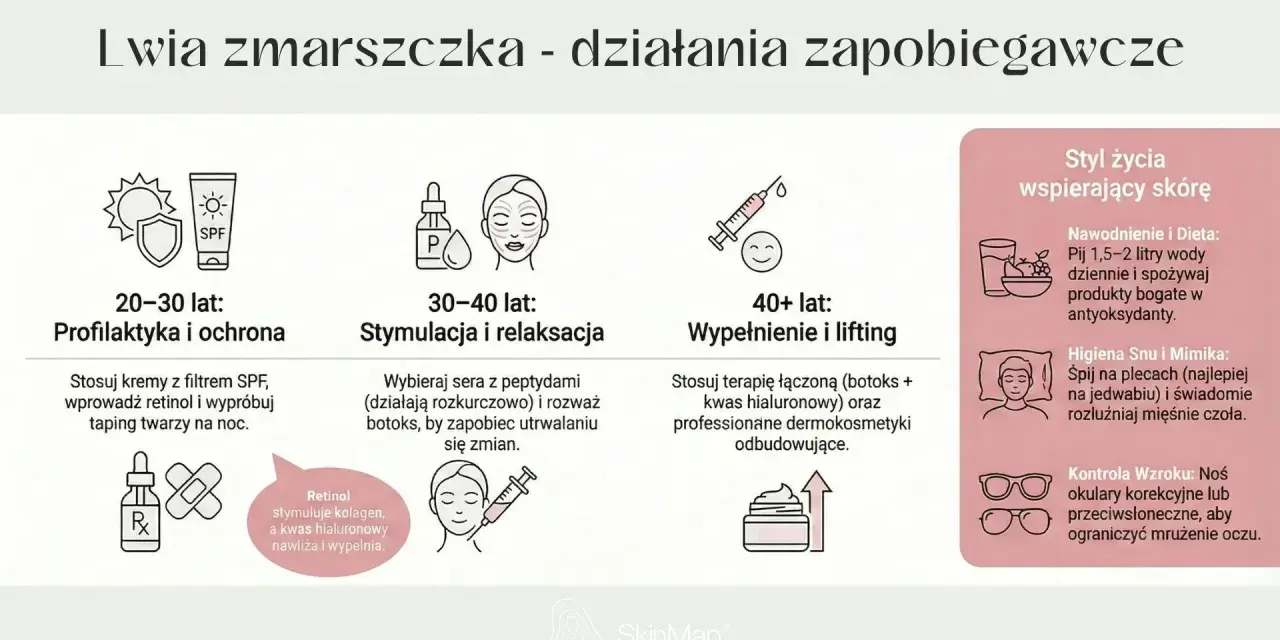 Domowe sposoby na lwia zmarszczka: od profilaktyki w wieku 20-30 lat, przez stymulację peptydami w wieku 30-40 lat, po wypełnienie kwasem hialuronowym po 40.