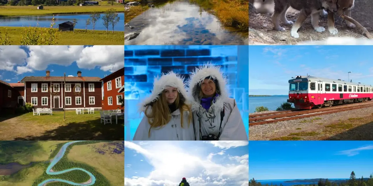 En mosaik av bilder som visar det vackra landskapet i norra Sverige: en by vid en sjö, höstfärger, vargungar, ett ishotell, ett rött hus, ett tåg, en slingrande flod, en fjällvandring och en stenig stig.