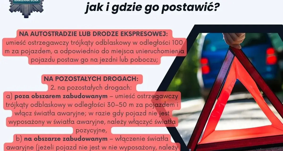Trójkąt ostrzegawczy i światła awaryjne – instrukcja, jak i gdzie je umieścić po awarii pojazdu.