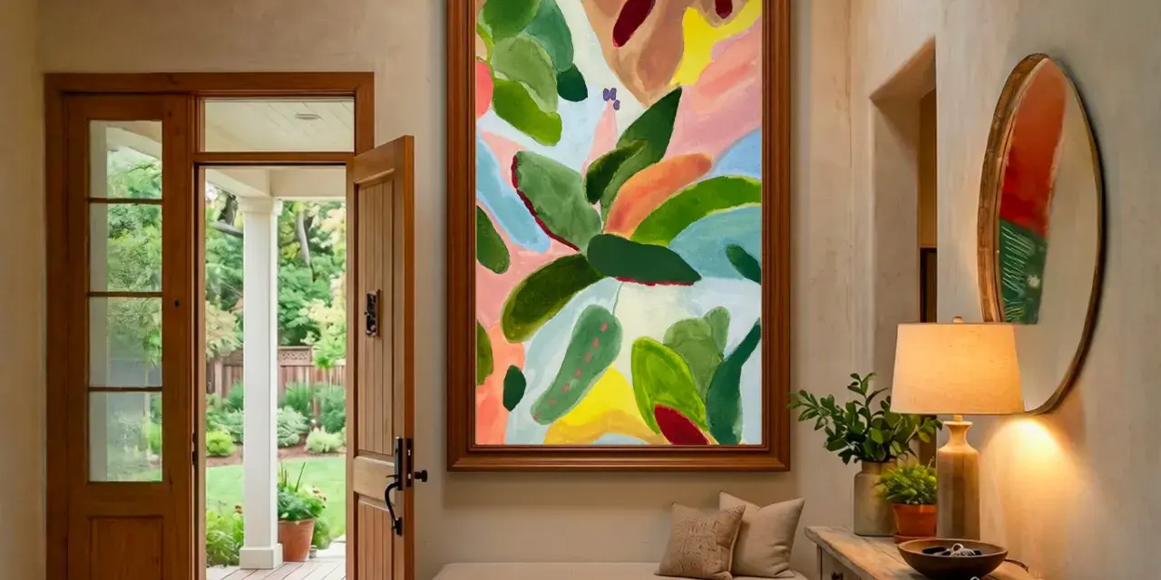 Un recibidor acogedor con un gran cuadro abstracto, obra de un comisariado de arte, invita a pasar. La luz entra por la puerta abierta, revelando un jardín.