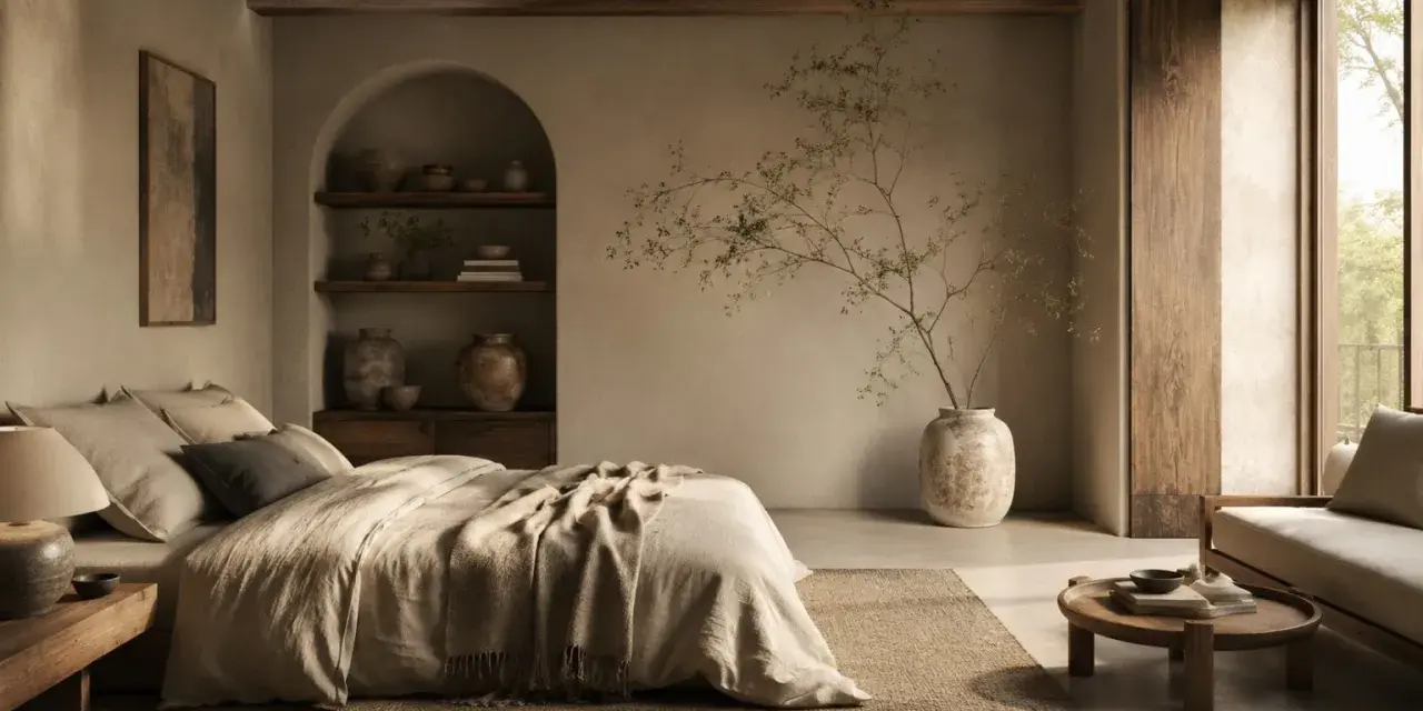 Sypialnia w stylu wabi sabi. Naturalne materiały, łóżko z lnianą pościelą, ceramiczne wazony i gałązka w wazonie tworzą spokój.