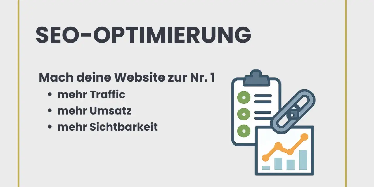 SEO-Optimierung: Mehr Traffic, Umsatz & Sichtbarkeit für deine Website. Checkliste, Diagramm & Link-Symbol illustrieren die Aufgaben.