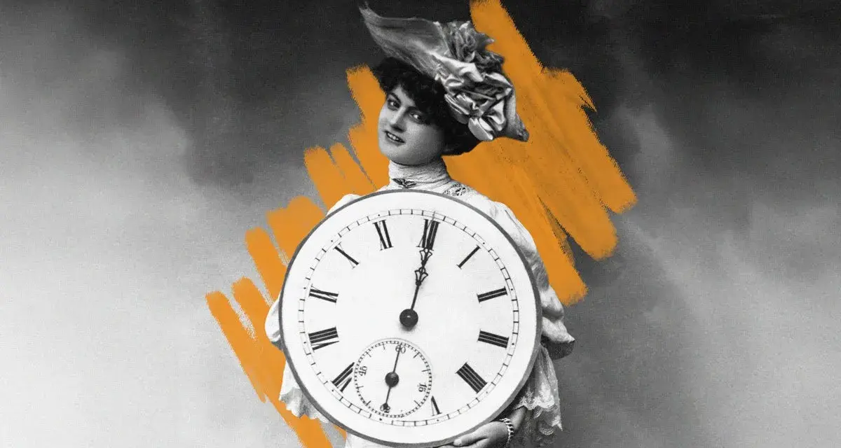A woman in a vintage hat holds a large clock, its hands pointing to the fifth canonical hours.
