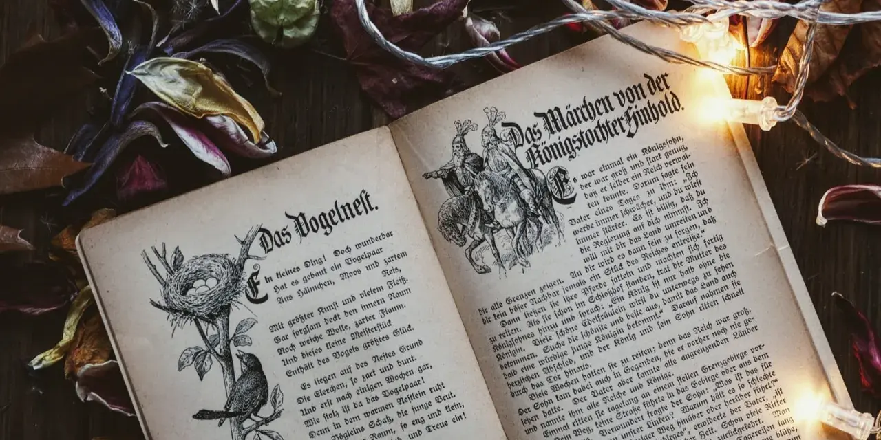Otwarta księga z baśniami braci Grimm, ilustracje i tekst w języku niemieckim, otoczona suszonymi liśćmi i lampkami.