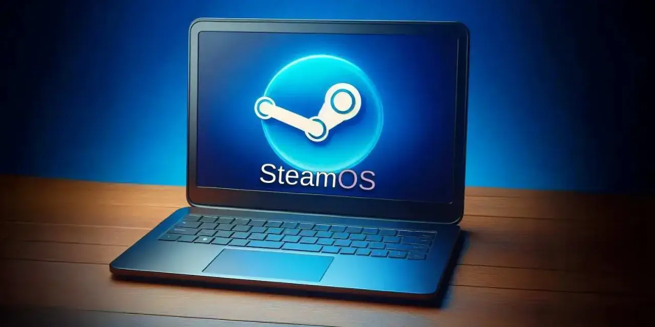 Portátil con el logo de SteamOS brillando en la pantalla, listo para jugar.