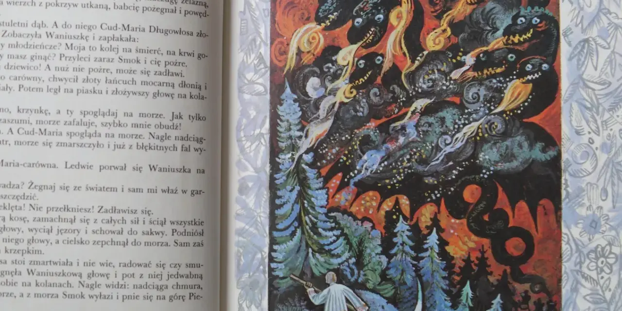 Ilustracja do baśni o złotym ptaku: smok ziejący ogniem atakuje las, gdzie stoi chłopiec z kosą.