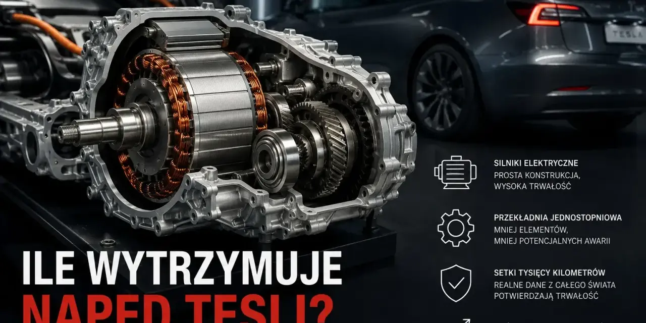 Przekładnia napędu Tesla x w przekroju, ukazująca silnik elektryczny i mechanizmy. W tle Tesla Model 3.