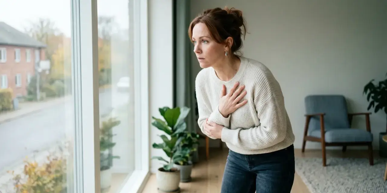 Woman with hands on chest looking out a window, appearing distressed.