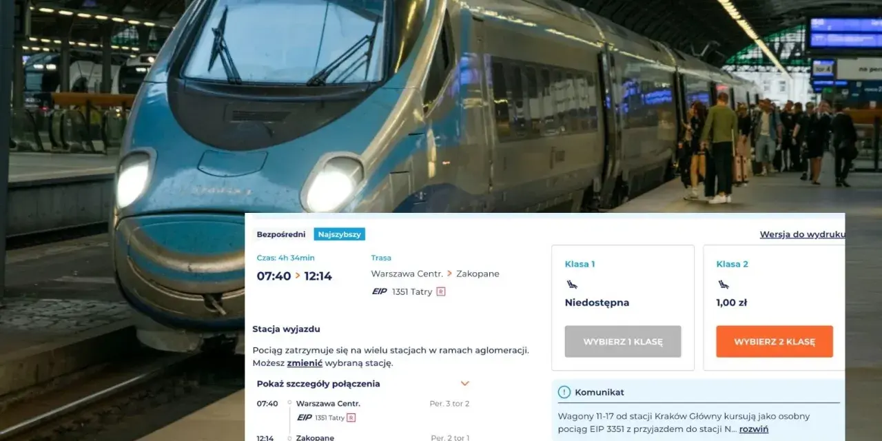 Nowoczesny pociąg na dworcu, obok ekran z ofertą biletów do Zakopanego.