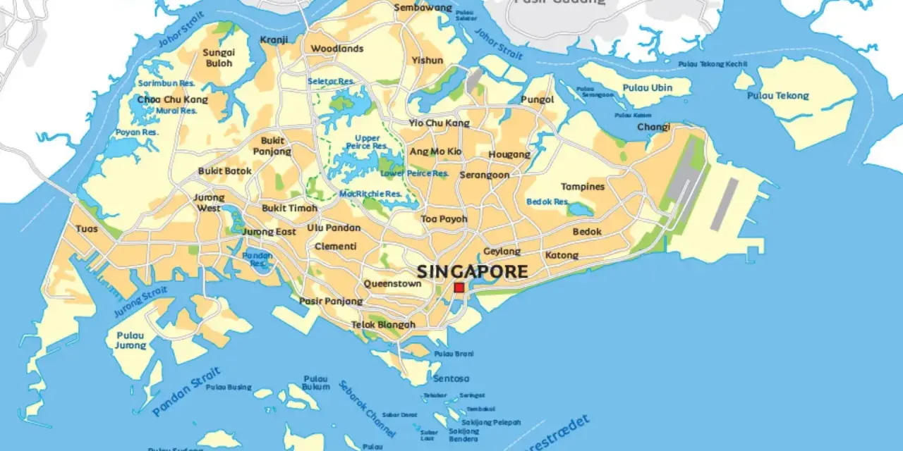 Mapa Singapuru z zaznaczonym miastem, okolicznymi wyspami, Malezją i Indonezją.