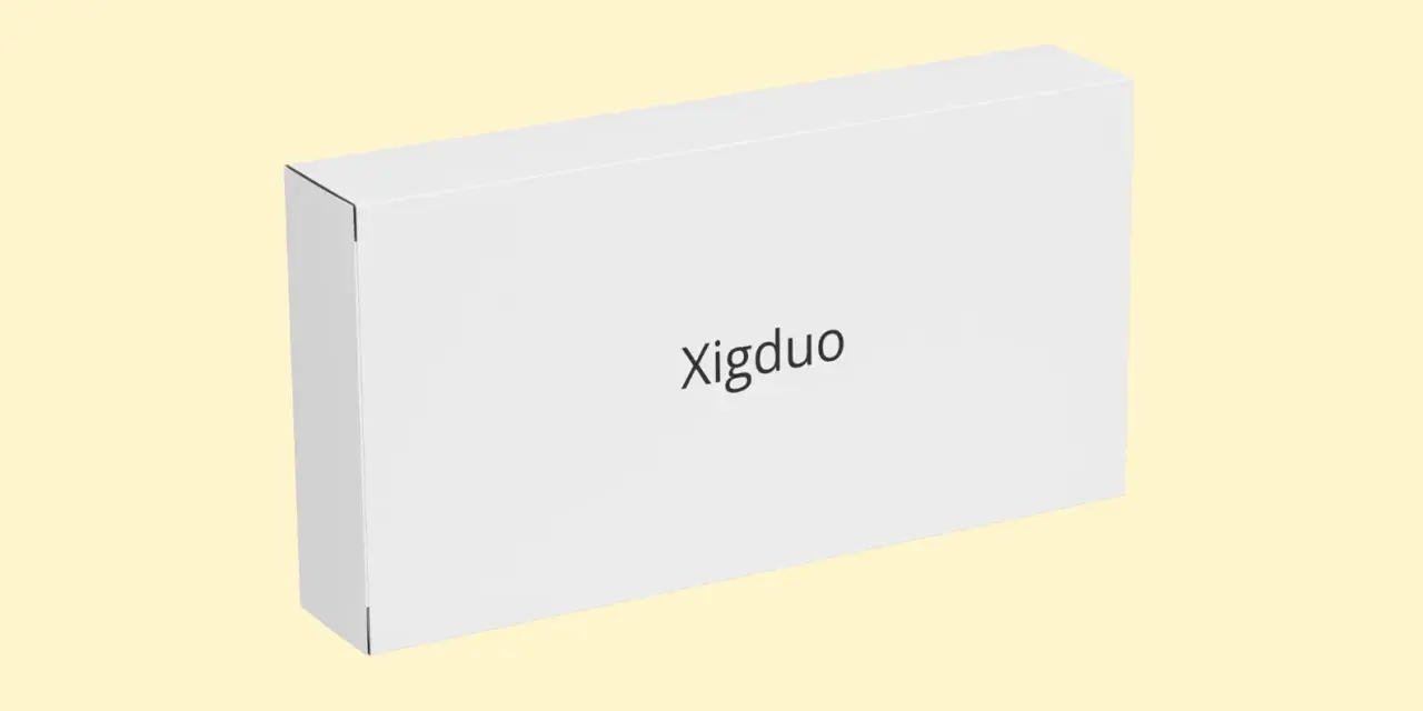 Białe, prostokątne pudełko z napisem "Xigduo" na jasnym, żółtym tle.