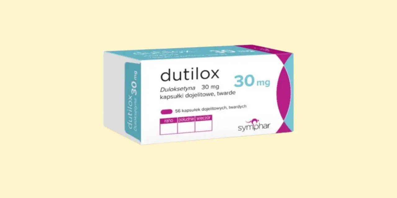 Opakowanie leku Dutilox 30 mg z duloksetyną, zawierające 56 kapsułek.