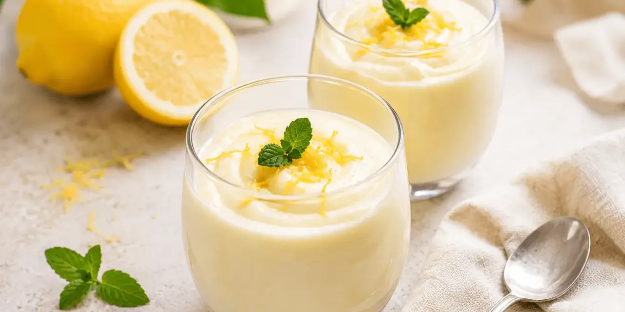 Due bicchieri di soffice mousse al limone, guarniti con scorza di limone e menta fresca. Sullo sfondo, limoni interi e tagliati.