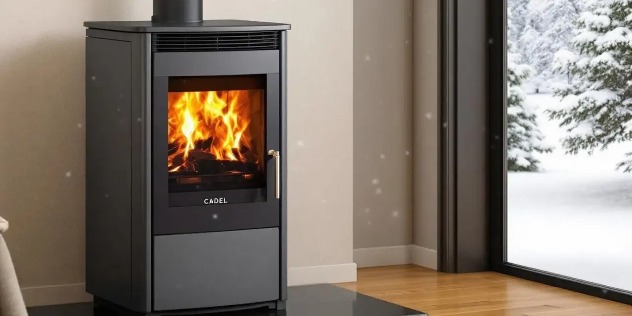 Poêle à bois Cadel en feu, avec une vue sur un paysage enneigé. L'alarme pressostat assure un fonctionnement sûr.