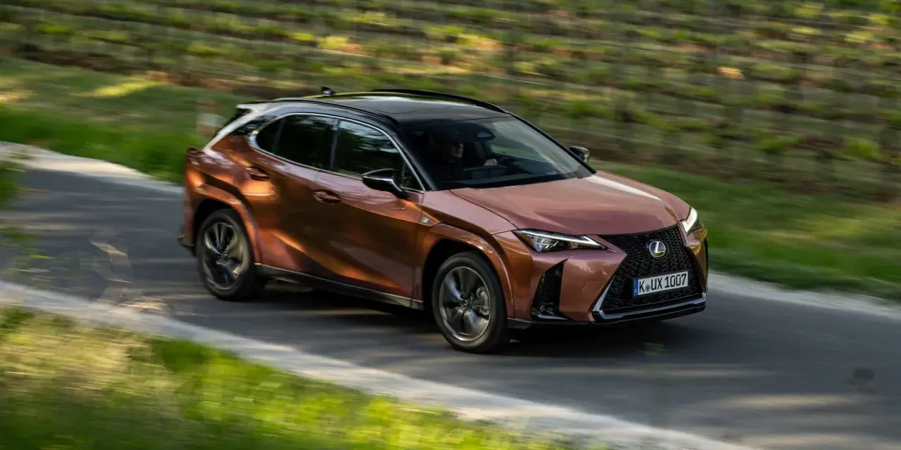 Miedziany Lexus UX 300h sunie po krętej drodze wśród zieleni.