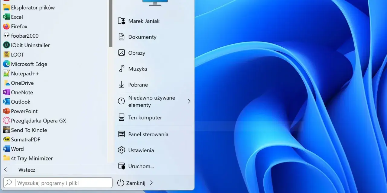 Menu Start w Windows 11: lista aplikacji, folderów i ustawień. Pokaż więcej opcji Windows 11, by znaleźć potrzebne programy.
