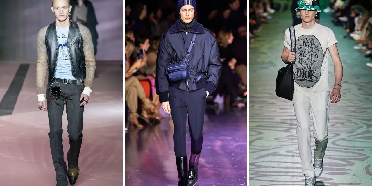 Modelli in passerella mostrano diversi stili di taglio pantaloni uomo: slim fit gessato, dritto blu navy e chino bianchi.