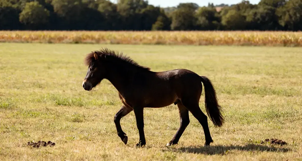 Un jeune poney français de selle, au pelage sombre et à la crinière ébouriffée, trotte dans un pré verdoyant, sous un ciel bleu.