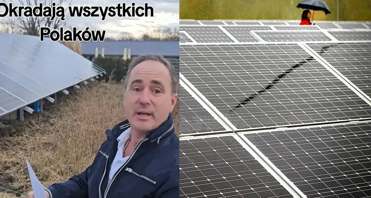 Mężczyzna przy panelach słonecznych, sugerujący, że "Tauron mój prąd" okrada Polaków. W tle widać kolejne panele i osobę z parasolem.