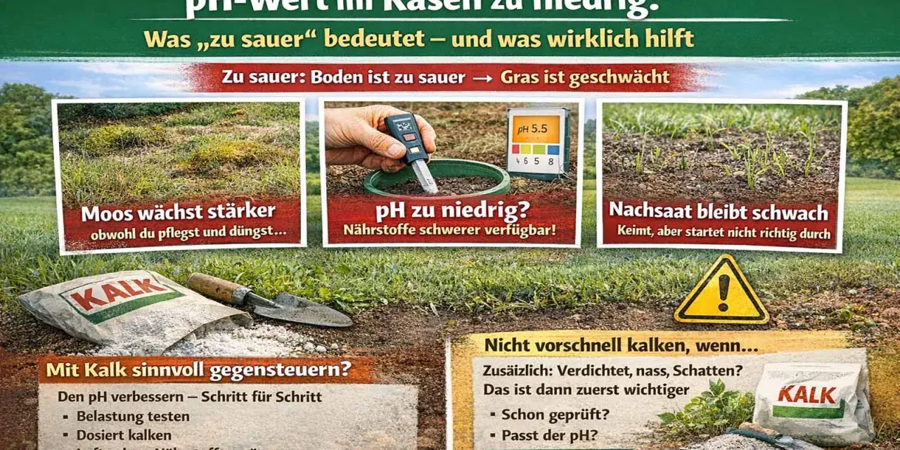 Rasen mit zu niedrigem pH-Wert: Moos wächst, Nachsaat schwach. Mit Kalk den pH-Wert verbessern. Was tun bei Rasen pH-Wert 7?