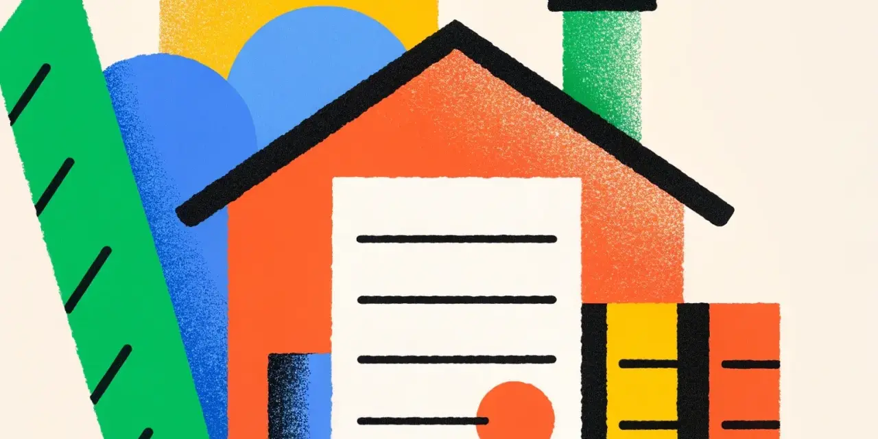 Illustration abstraite d'une maison avec des formes géométriques colorées. Le concept de servitude par destination du père de famille est représenté par l'ensemble harmonieux des éléments.