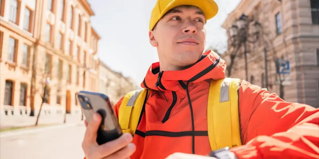 Kurier Glovo w żółtej czapce i pomarańczowej kurtce sprawdza telefon, gotowy do odbioru płatności Glovo cash.