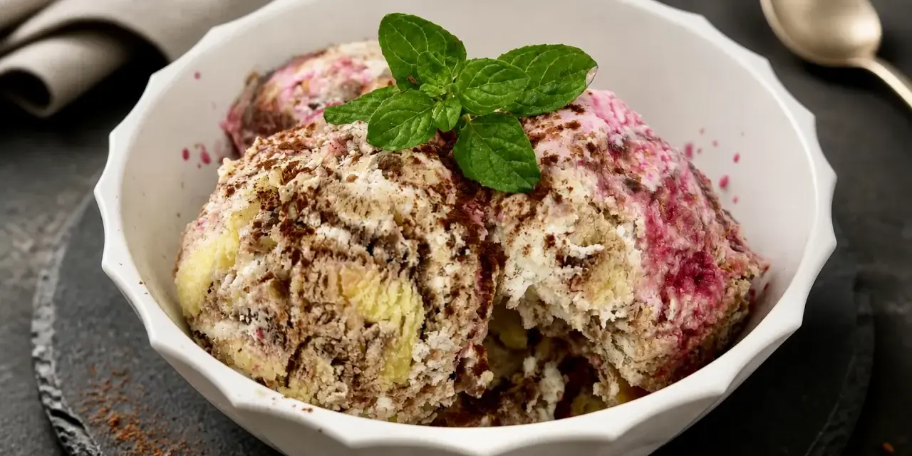 Schüssel mit Zuppa Inglese Gelato, garniert mit Minze und Schokoladenraspeln. Ein Löffel liegt daneben.