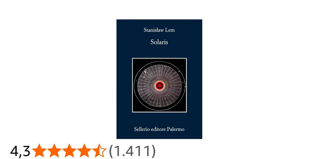 Copertina del libro "Solaris" di Stanisław Lem, con un'immagine astratta e la valutazione 4,3 stelle. La trama di Solaris esplora la natura della coscienza.