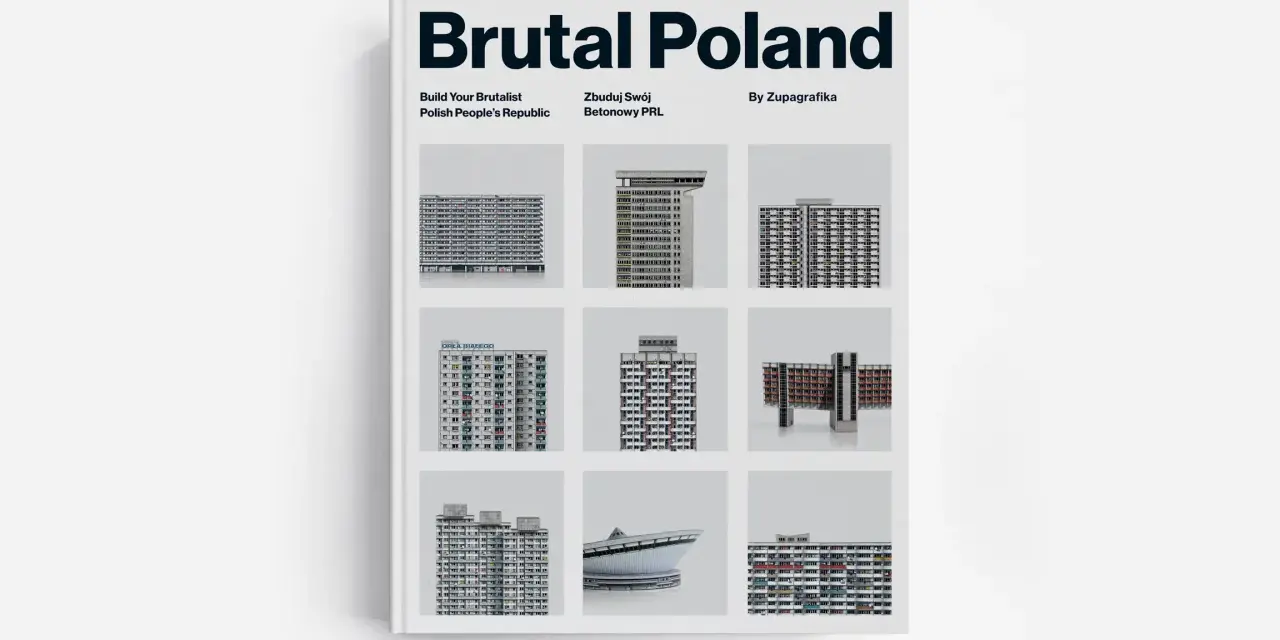 Okładka książki "Brutal Poland" z kolażem zdjęć betonowych budynków, prezentująca polski **brutalizm**.