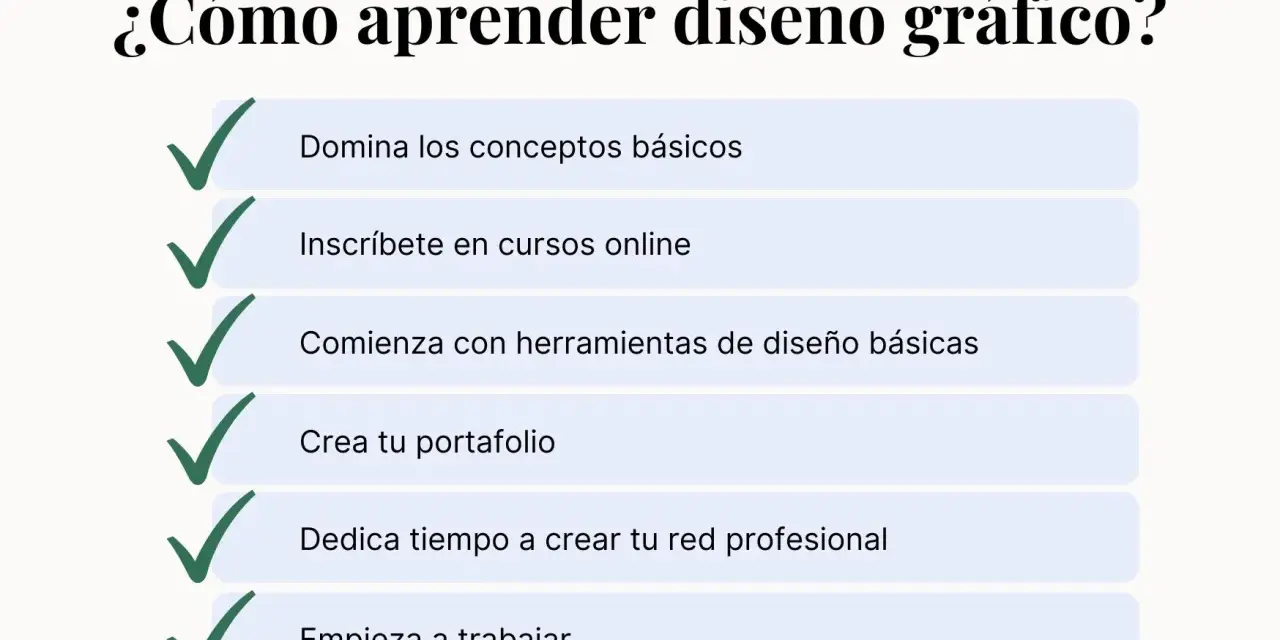 Pasos para aprender diseño gráfico: domina conceptos, inscríbete en cursos, usa herramientas, crea portafolio y empieza a trabajar.