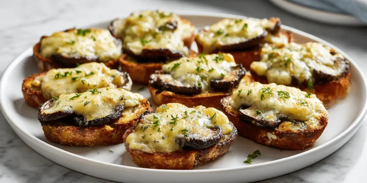Chrupiące zapiekanki z airfryer z grzybami i ciągnącym serem, posypane ziołami. Idealna przekąska!