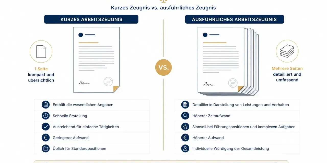 Vergleich von kurzen und ausführlichen Arbeitszeugnissen. Hilfreich, um das passende Zeugnis zu wählen und es richtig **arbeitszeugnis bewerten lassen**.