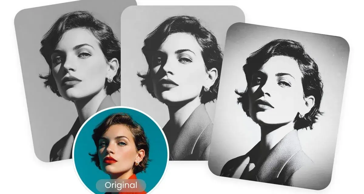 Trois portraits d'une femme en **couleur noir et blanc**, montrant différentes intensités de gris. L'original est en couleur.