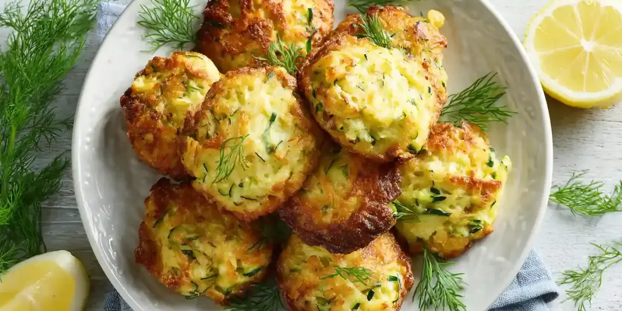 Goldbraune Zucchinipuffer, perfekt für Kinder, auf einem Teller mit Dill und Zitronenspalten garniert.