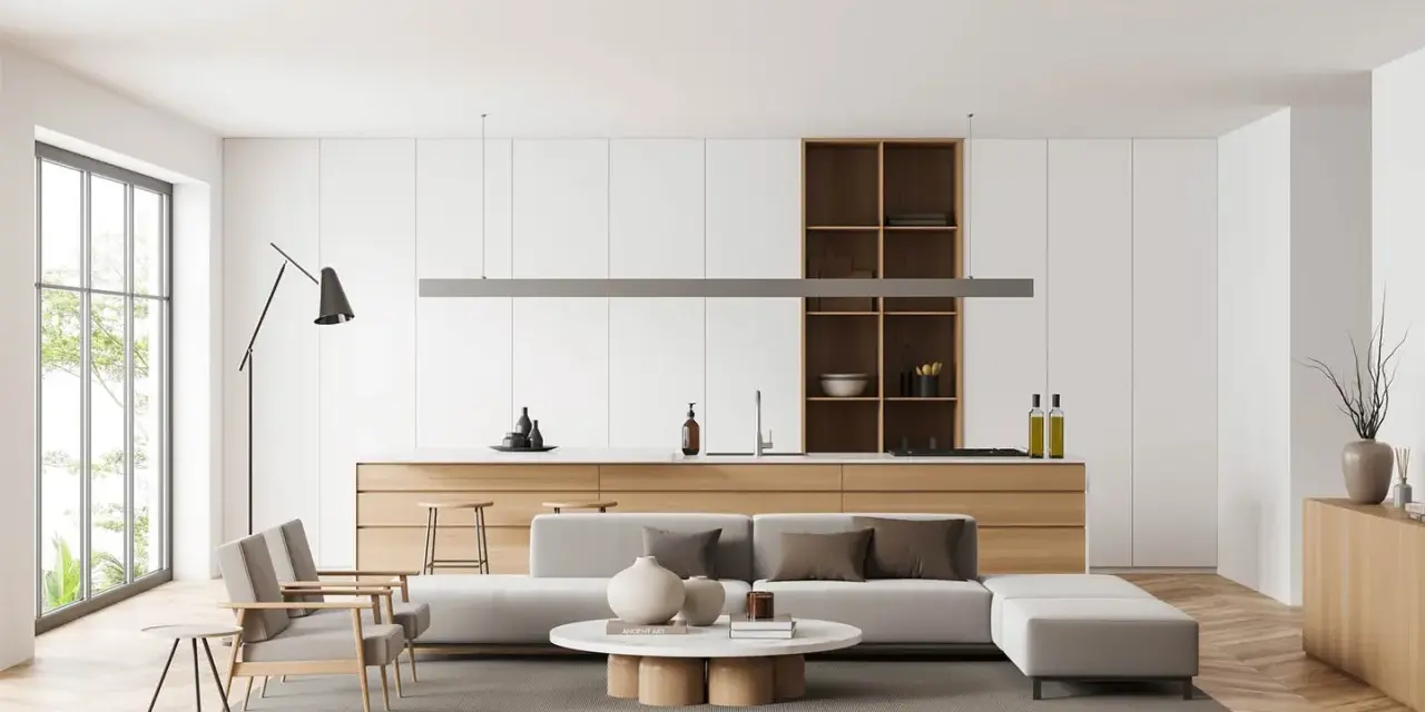 Interni luminosi con divano, tavolino e cucina a vista. Un esempio di come arredare case moderne con stile e funzionalità.
