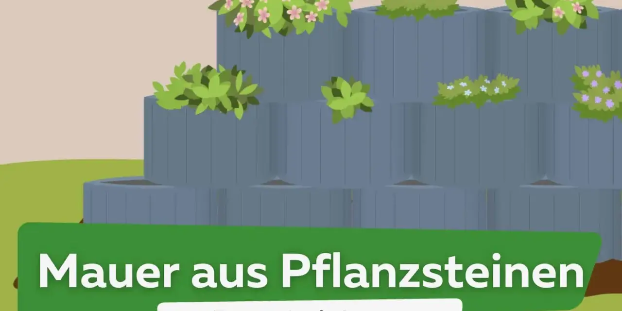 Graue Pflanzsteine bilden eine gestufte Mauer, bepflanzt mit grünen Blättern und bunten Blüten. Tolle Ideen für Ihre Mauer aus Pflanzsteinen.
