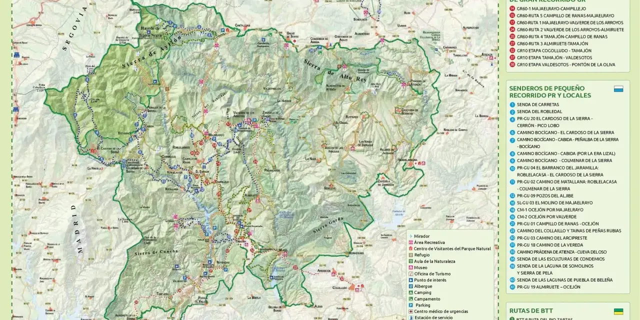 Mapa del parque natural de la sierra norte de Guadalajara, con senderos, miradores y puntos de interés.