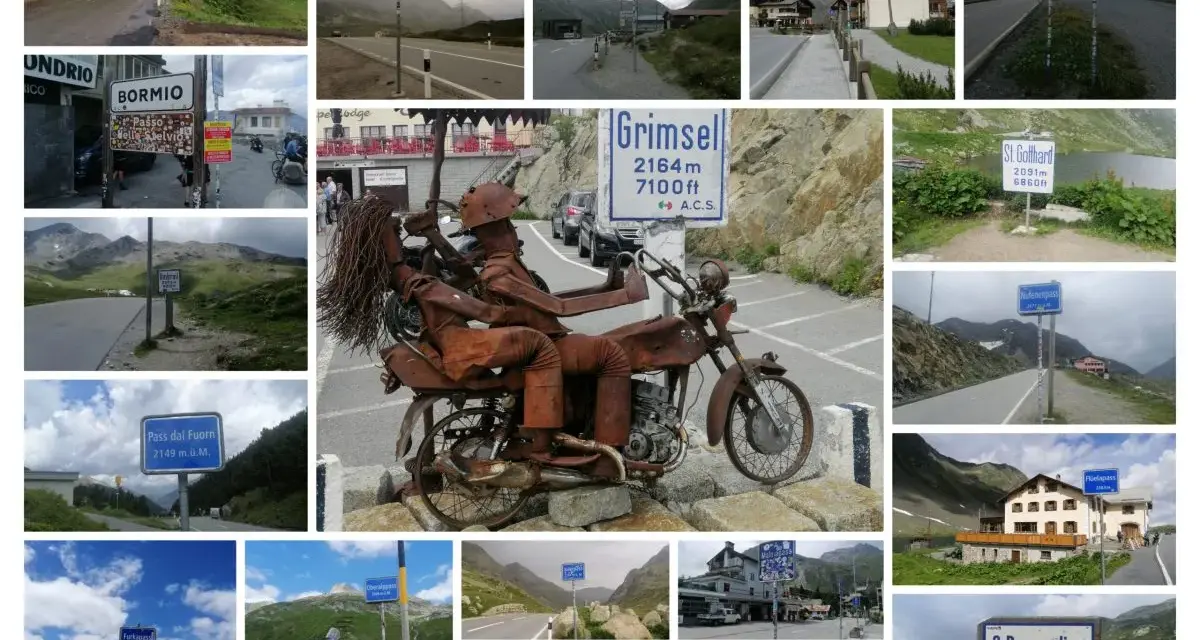 Przełęcz okraj, znaki drogowe i krajobrazy górskie. Widok na przełęcz Grimsel, S. Bernardino, Furkapass i inne.