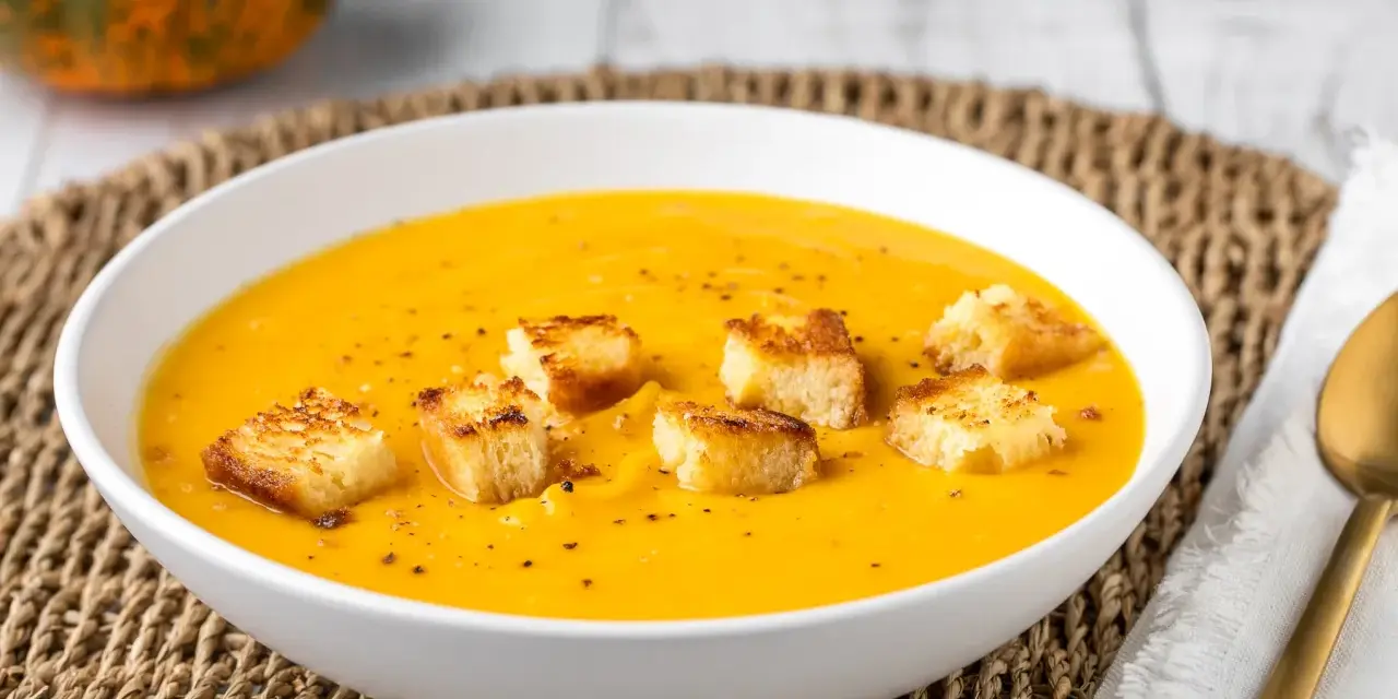 Una cremosa vellutata di zucca, guarnita con crostini dorati, pronta per essere gustata in una fredda giornata autunnale.