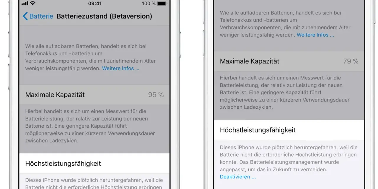 iPhone-Batteriezustand: Maximale Kapazität 79%. Die Leistung wurde wegen der Batterie angepasst.