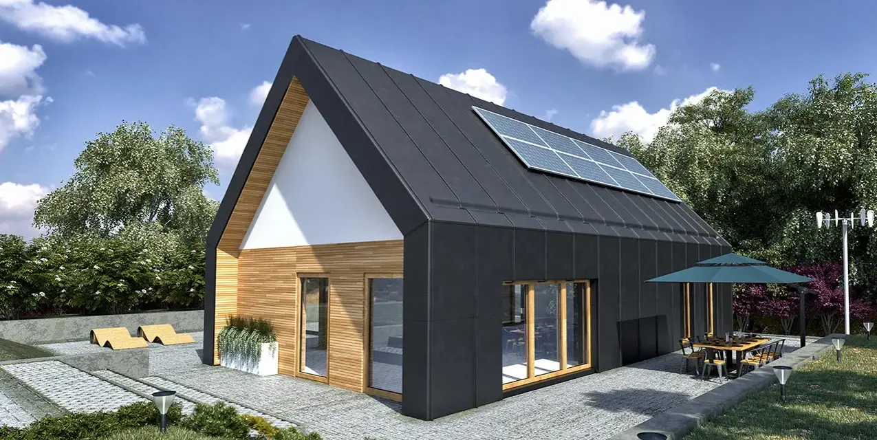 Nowoczesny projekt domu 100m2 z panelami słonecznymi na dachu, drewnianą elewacją i tarasem z jadalnią na świeżym powietrzu.