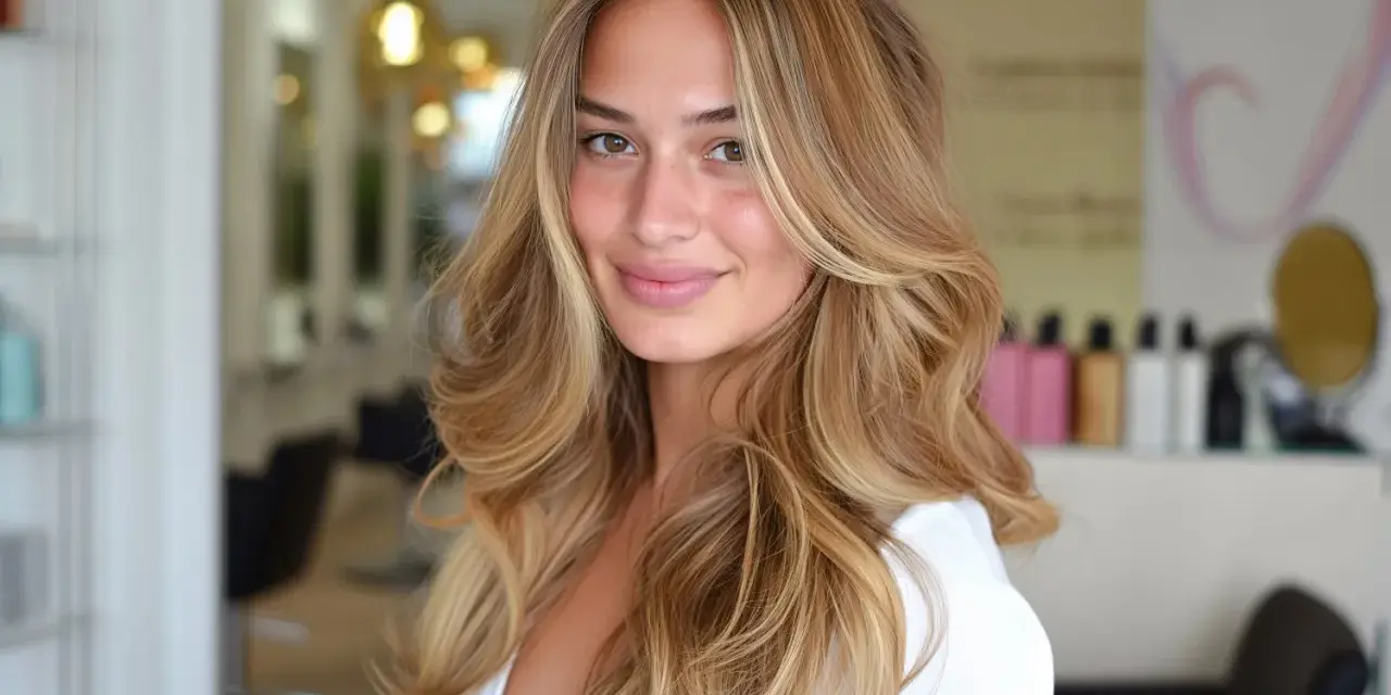 Uśmiechnięta blondynka z fryzurą butterfly cut, z falowanymi włosami w odcieniach blondu i brązu, prezentuje efektowną metamorfozę w salonie fryzjerskim.