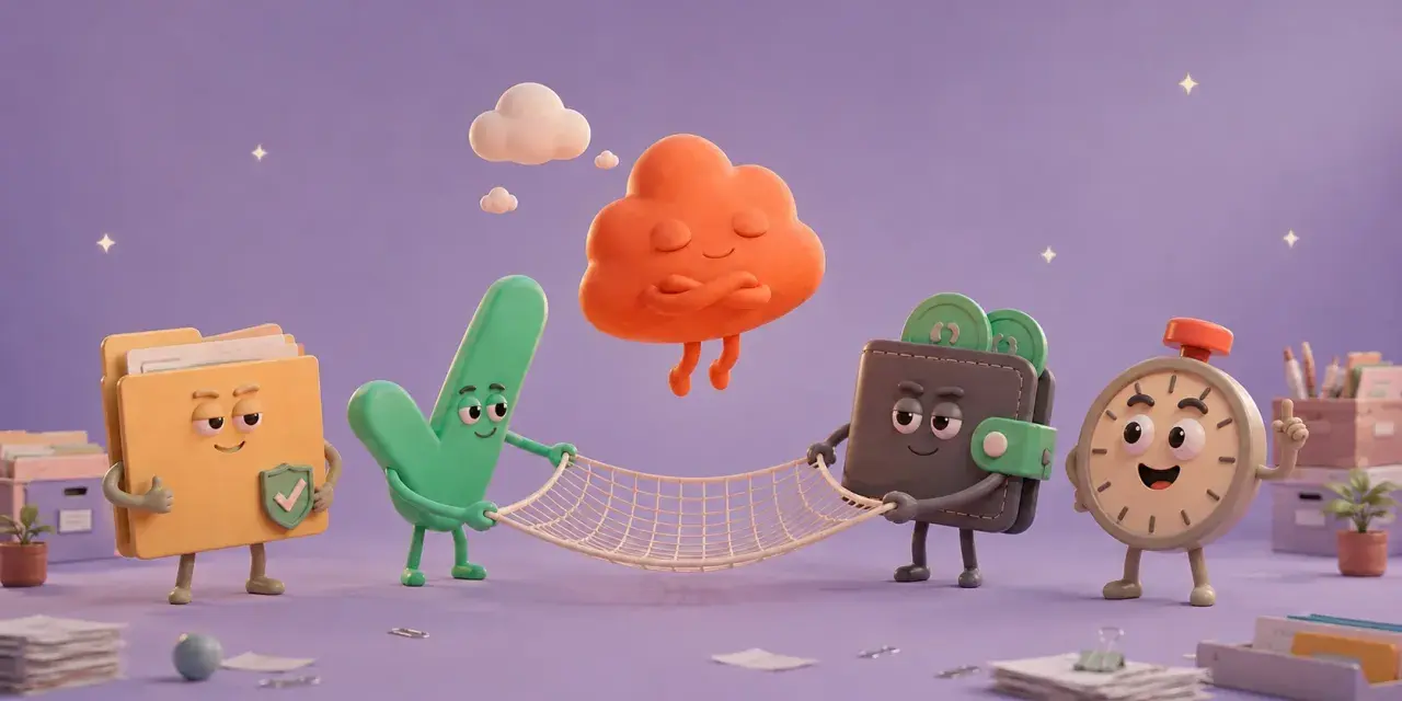 Personajes animados: carpeta, tick, nube, cartera y reloj, sostienen una red para que los autónomos tengan paro.