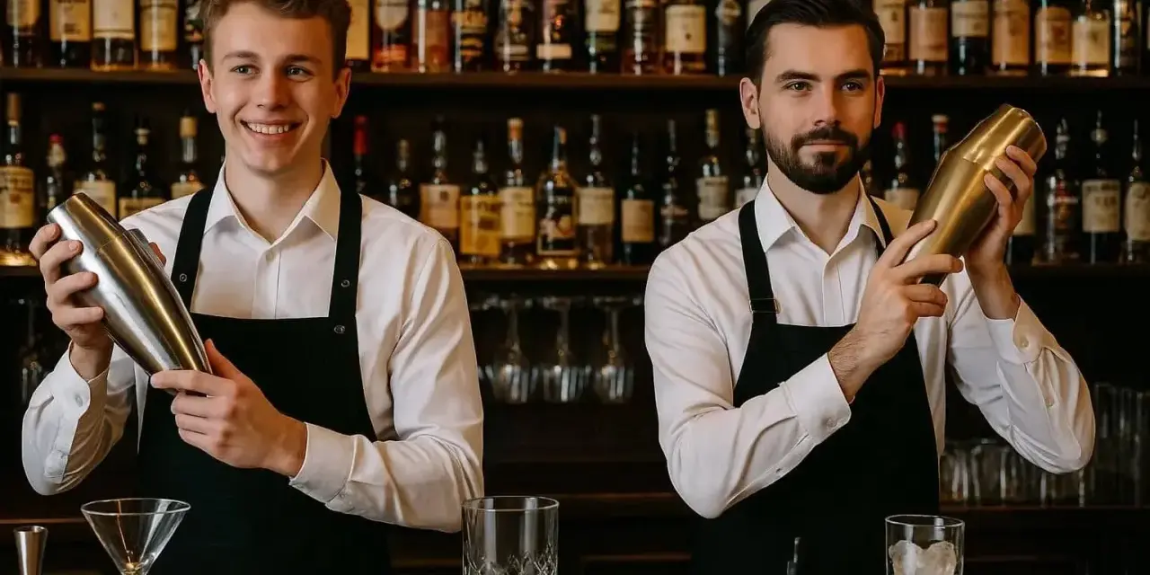 Dwóch barmanów w czarnych fartuchach przygotowuje drinki za barem z butelkami alkoholu w tle.